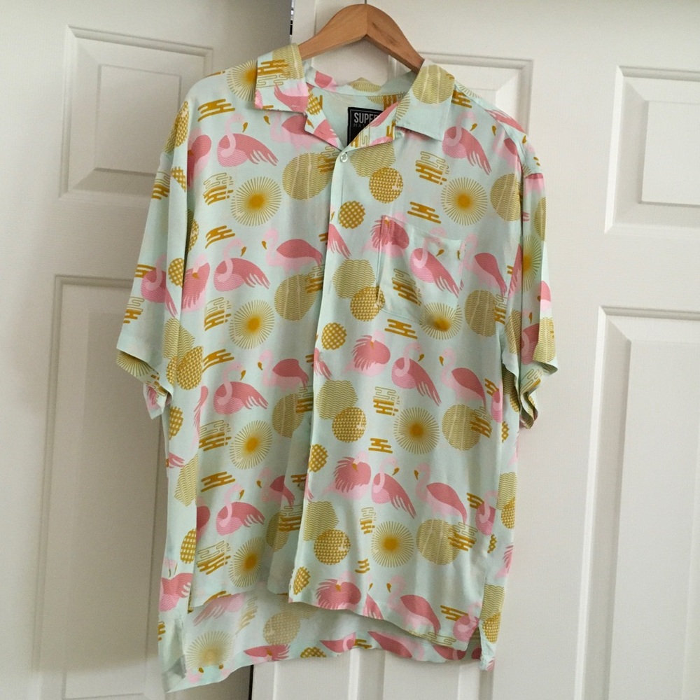 Superdry Mint Green Short-Sleeve Button-Down Shirt with Pink & Gold Print